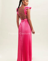 Ruffle Pleated Maxi Dress (Neon Pink) - Palazzo Couture Online