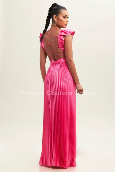 Ruffle Pleated Maxi Dress (Neon Pink) - Palazzo Couture Online