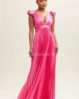Ruffle Pleated Maxi Dress (Neon Pink) - Palazzo Couture Online