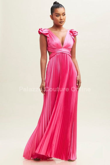 Ruffle Pleated Maxi Dress (Neon Pink) - Palazzo Couture Online