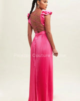 Ruffle Pleated Maxi Dress – Neon Pink Pleated Dress close up detail of pleated design and fabric
