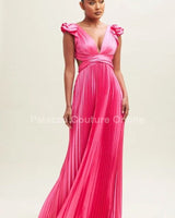 Ruffle Pleated Maxi Dress – Neon Pink Pleated Dress front view showing full-length maxi silhouette