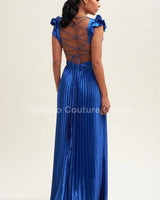 Ruffle Pleated Maxi Dress (Royal Blue) close up detail of pleated design and fabric