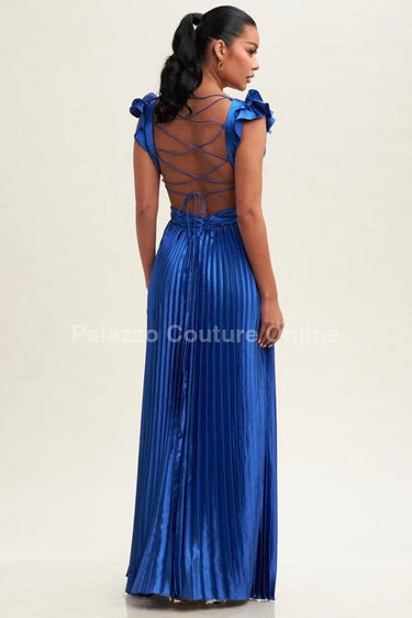 Ruffle Pleated Maxi Dress (Royal Blue) close up detail of pleated design and fabric
