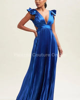 Ruffle Pleated Maxi Dress (Royal Blue) front view showing full-length maxi silhouette