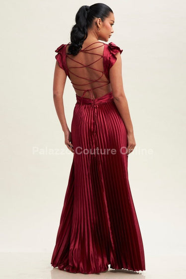 Ruffle Pleated Maxi Dress (wine) - Palazzo Couture Online