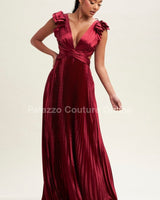 Ruffle Pleated Maxi Dress (wine) - Palazzo Couture Online