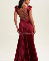 Ruffle Pleated Maxi Dress (wine) close up detail of pleated design and fabric