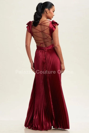 Ruffle Pleated Maxi Dress (wine) close up detail of pleated design and fabric