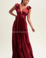 Ruffle Pleated Maxi Dress (wine) front view showing full-length maxi silhouette