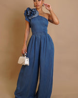 Ruffle Royalty One - Shoulder Denim Jumpsuit - Blue - Palazzo Couture Online