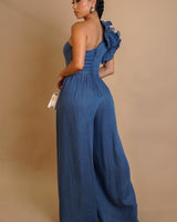 Ruffle Royalty One - Shoulder Denim Jumpsuit - Blue - Palazzo Couture Online
