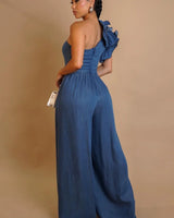 Ruffle Royalty One-Shoulder Denim Jumpsuit - Blue - women's one-piece outfit for going out