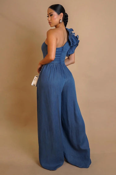 Ruffle Royalty One-Shoulder Denim Jumpsuit - Blue - women's one-piece outfit for going out