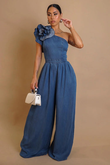 Ruffle Royalty One-Shoulder Denim Jumpsuit - Blue for women - stylish jumpsuit by Palazzo Couture