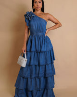 Ruffled One - Shoulder Tiered Maxi Dress - Denim - Palazzo Couture Online