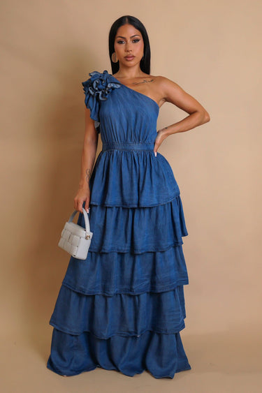 Ruffled One - Shoulder Tiered Maxi Dress - Denim - Palazzo Couture Online