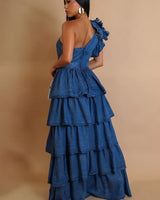 Ruffled One - Shoulder Tiered Maxi Dress - Denim - Palazzo Couture Online