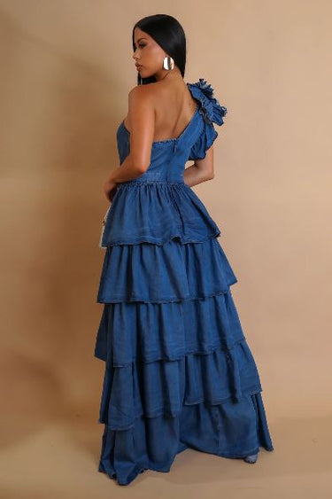 Ruffled One - Shoulder Tiered Maxi Dress - Denim - Palazzo Couture Online