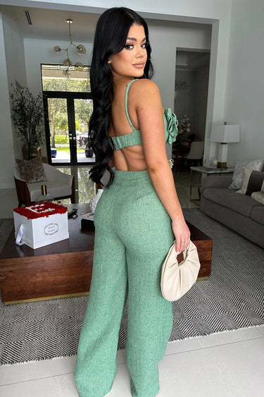 Sahara Flowers Pant Set - Sage Green showing coordinated top and pants construction