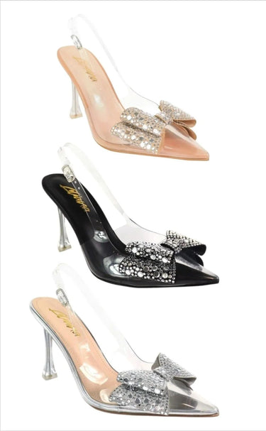 Sakina Crystal Bow Heels Nude with Pointed Toe & Sculpted Heel - women's statement party shoes