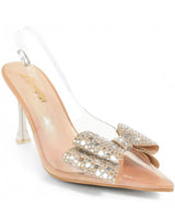 Sakina Crystal Bow Heels Nude with Pointed Toe & Sculpted Heel for women - stylish heels by Palazzo Couture