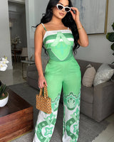 Santorini Dreams Printed Pant Set Green side view showing pants silhouette and fit