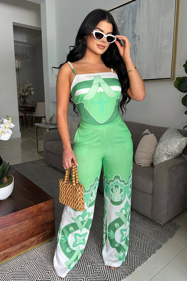 Santorini Dreams Printed Pant Set Green side view showing pants silhouette and fit