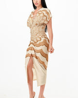Sasha Geometric Print Draped Midi Dress - Toffee - Palazzo Couture Online