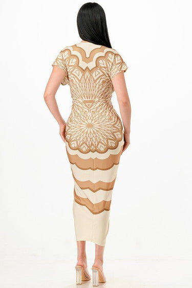 Sasha Geometric Print Draped Midi Dress - Toffee - Palazzo Couture Online