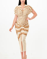 Sasha Geometric Print Draped Midi Dress - Toffee - Palazzo Couture Online