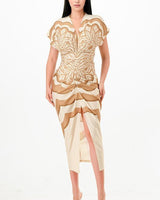 Sasha Geometric Print Draped Midi Dress - Toffee - Palazzo Couture Online