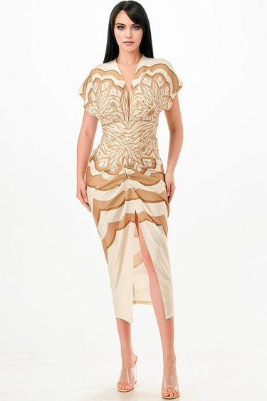 Sasha Geometric Print Draped Midi Dress - Toffee - Palazzo Couture Online