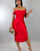 Satin Allure Off - Shoulder Midi Dress - Red - Palazzo Couture Online