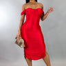 Satin Allure Off - Shoulder Midi Dress - Red - Palazzo Couture Online