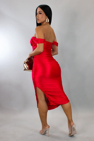 Satin Allure Off - Shoulder Midi Dress - Red - Palazzo Couture Online