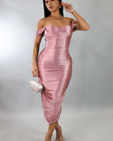 Satin Allure Off - Shoulder Midi Dress - Rose - Palazzo Couture Online