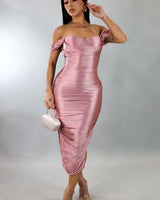 Satin Allure Off-Shoulder Midi Dress - Rose front view showing full midi length silhouette
