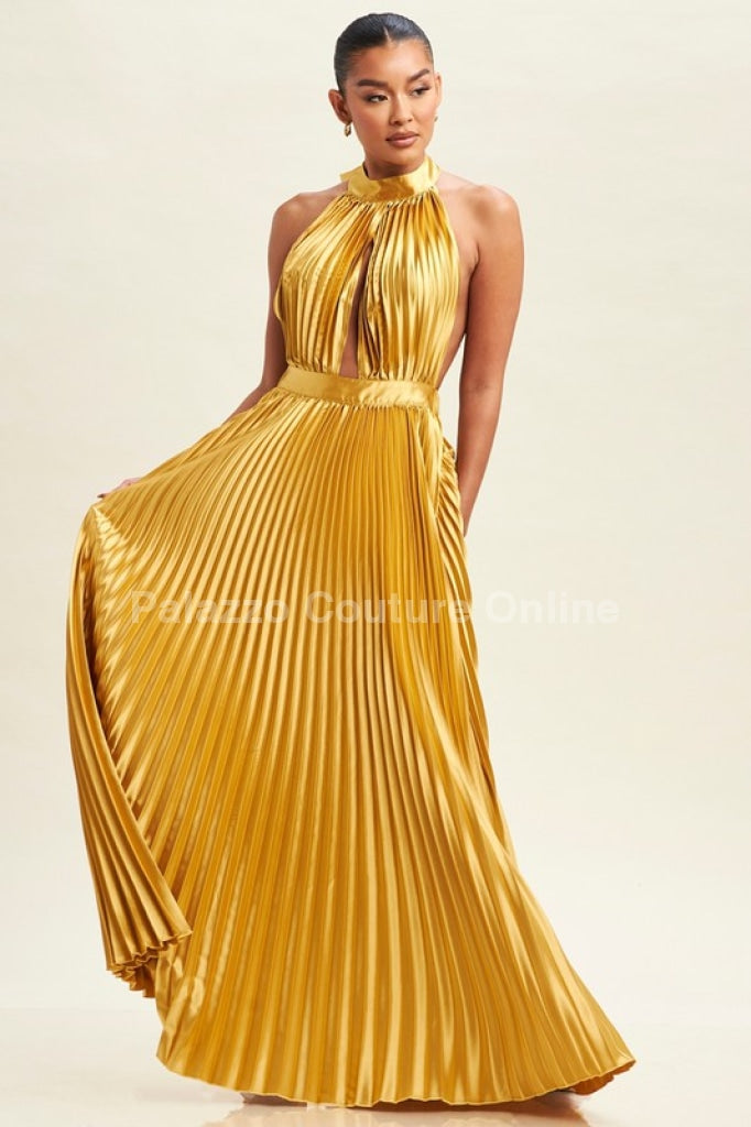 Satin Pleated Halter Maxi Dress (Gold) Small / Gold