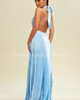 Satin Pleated Halter Maxi Dress (Lt Blue) - Palazzo Couture Online