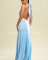 Satin Pleated Halter Maxi Dress (Lt Blue) close up detail of pleated design and fabric