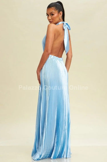 Satin Pleated Halter Maxi Dress (Lt Blue) close up detail of pleated design and fabric