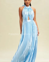 Satin Pleated Halter Maxi Dress (Lt Blue) front view showing full-length maxi silhouette