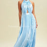 Satin Pleated Halter Maxi Dress (Lt Blue) front view showing full-length maxi silhouette