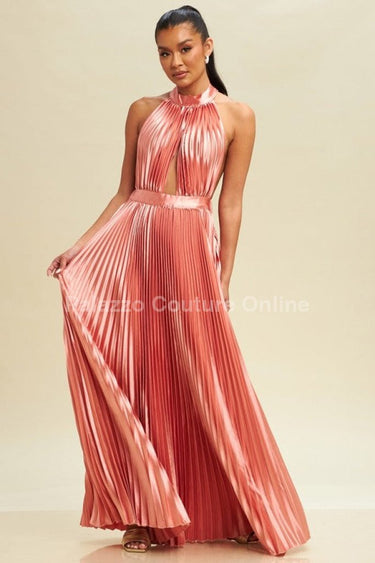 Satin Pleated Halter Maxi Dress (Rose) - Palazzo Couture Online