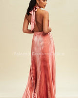Satin Pleated Halter Maxi Dress (Rose) - Palazzo Couture Online