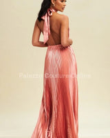Satin Pleated Halter Maxi Dress (Rose) close up detail of pleated design and fabric