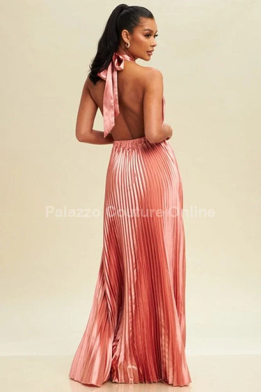 Satin Pleated Halter Maxi Dress (Rose) close up detail of pleated design and fabric