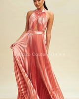 Satin Pleated Halter Maxi Dress (Rose) front view showing full-length maxi silhouette
