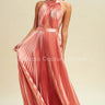 Satin Pleated Halter Maxi Dress (Rose) front view showing full-length maxi silhouette